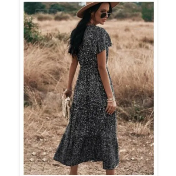 🩵 boho gypsy polka dot print button up tiered midi dress tan black