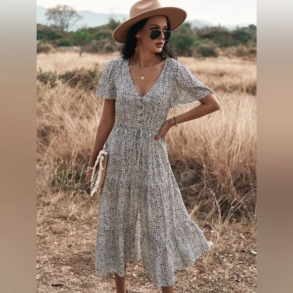 🩵 boho gypsy polka dot print button up tiered midi dress tan black