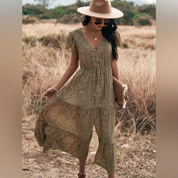 🩵 boho gypsy polka dot print button up tiered midi dress tan black