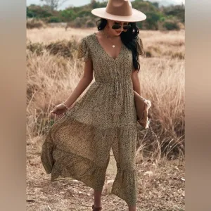 🩵 boho gypsy polka dot print button up tiered midi dress tan black