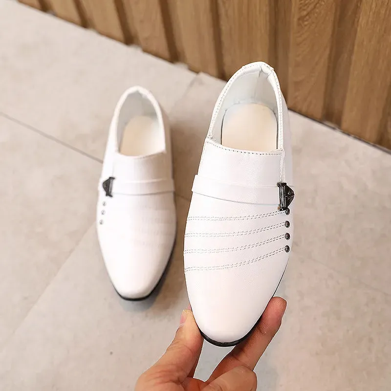 туфли Boy's Leather Shoes Spring Autumn Pointed Toe Formal Dress Shoes British Style Black White Kids Shoes Party Wedding Flats