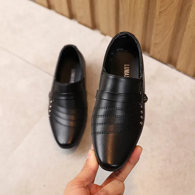туфли Boy's Leather Shoes Spring Autumn Pointed Toe Formal Dress Shoes British Style Black White Kids Shoes Party Wedding Flats