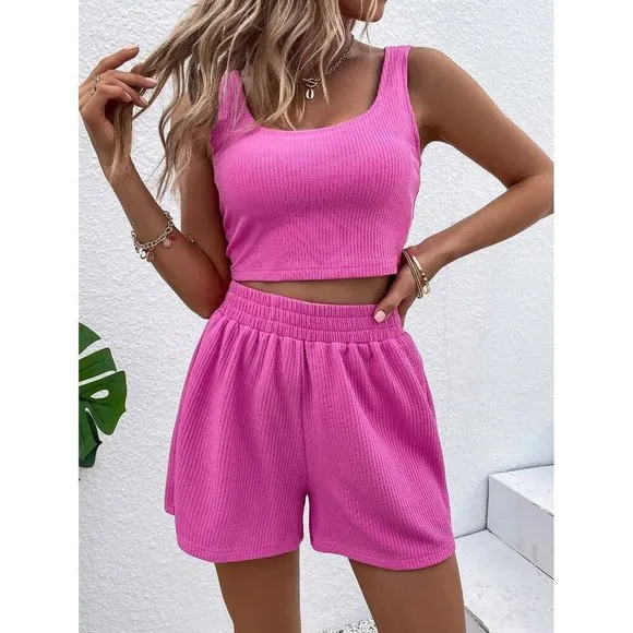 2 piece set: shorts set minimalist athletic shorts &amp; crop top tank white