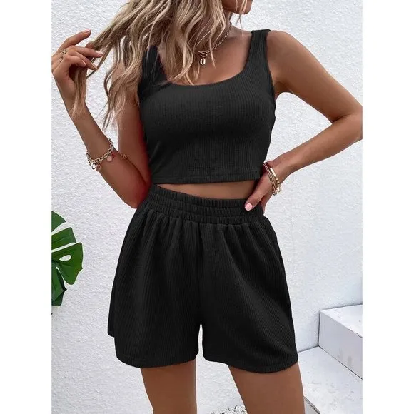 2 piece set: shorts set minimalist athletic shorts &amp; crop top tank white