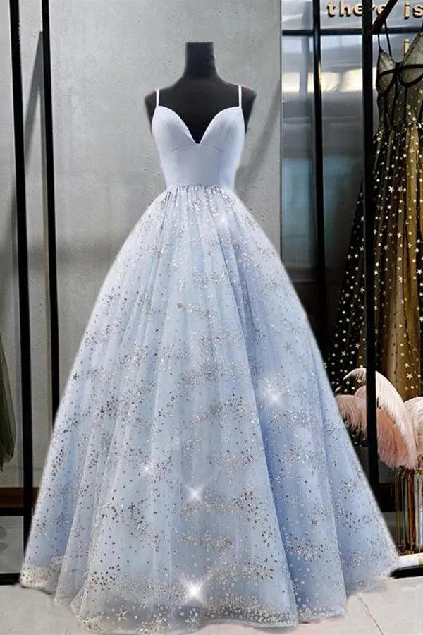 A-line Blue Sparkly Prom Dress Straps V Neck Evening Dress With Beading TP1020