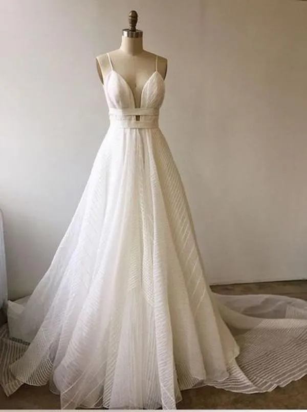 A-Line Deep V-Neck Court train Backless Lace Prom Dress With Sash TP0007