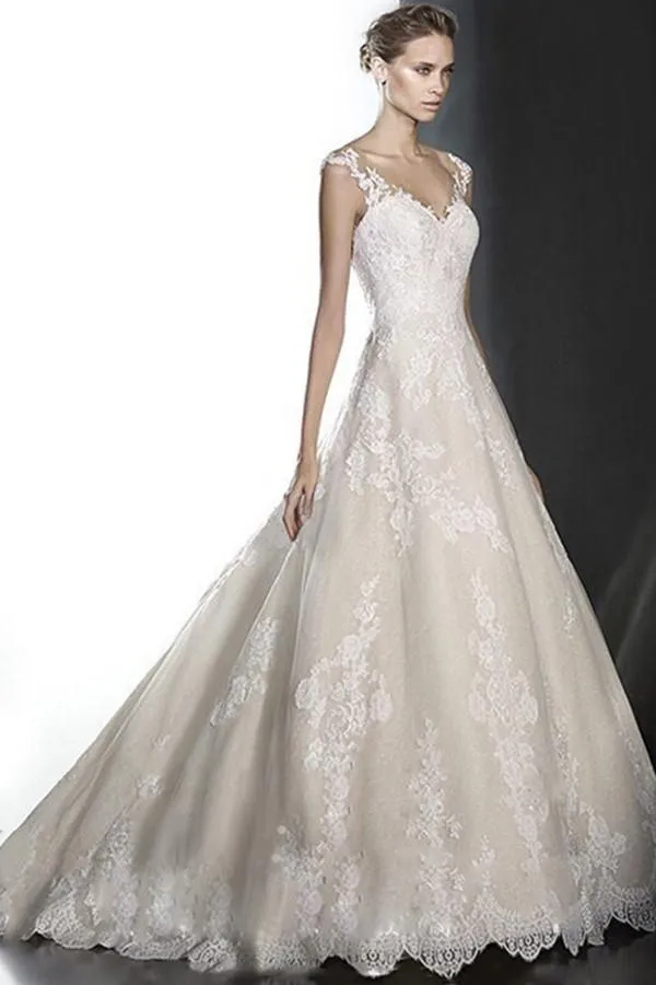 A-line Deep V-Neck Lace Wedding Dress With Appliques TN0101