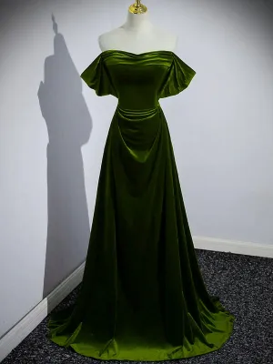 A-line Green Velvet Off Shoulder Long Party Dress, Green Velvet Prom Dress Formal Dress
