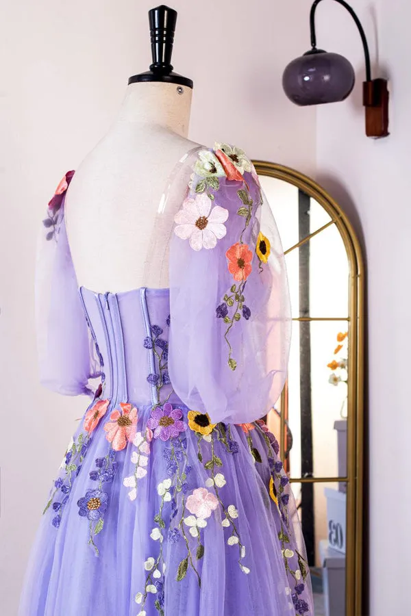 A-Line Lavender Floral Puff Sleeves Tulle Long Prom Dress TP1263