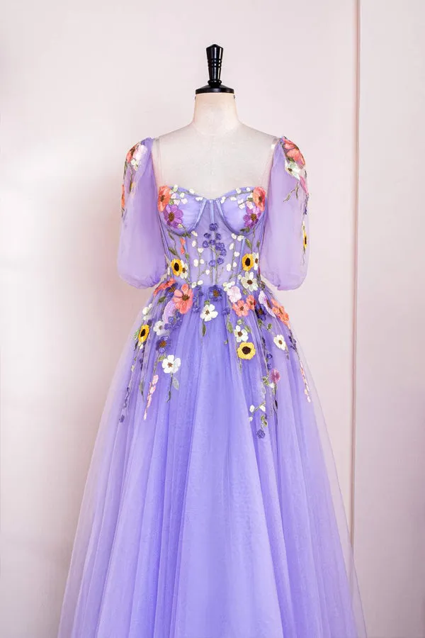 A-Line Lavender Floral Puff Sleeves Tulle Long Prom Dress TP1263