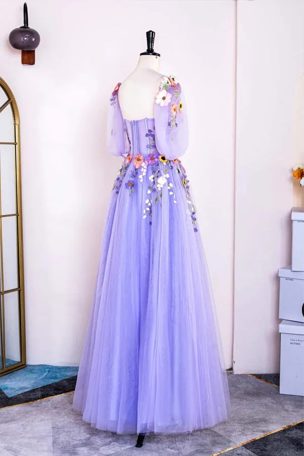A-Line Lavender Floral Puff Sleeves Tulle Long Prom Dress TP1263