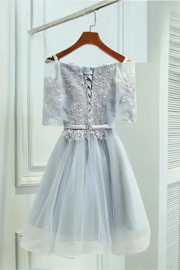 A-Line Off-the-Shoulder Above-Knee Half  Grey Tulle Homecoming Dress   TR0210