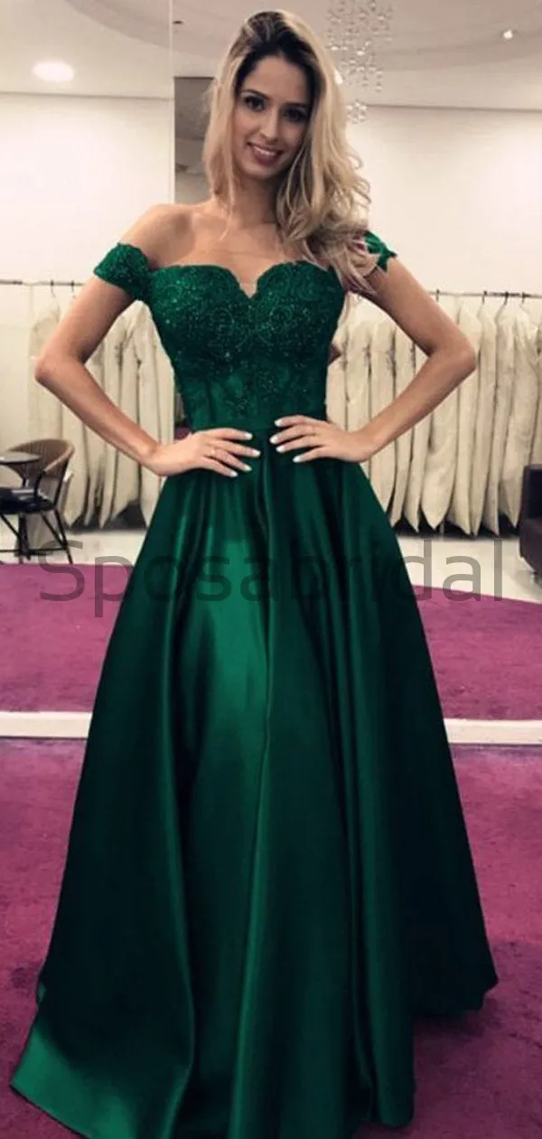 A-line Off the Shoulder Satin Green Elegant Modest Formal Prom Dresses PD1723