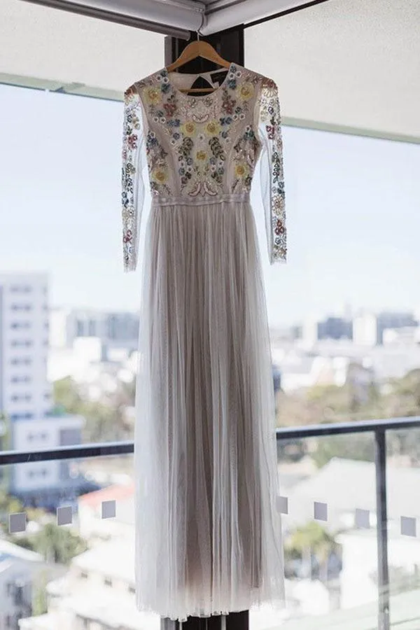 A-Line Round Neck Long Wedding Dress with Lace Long Sleeves  WD341