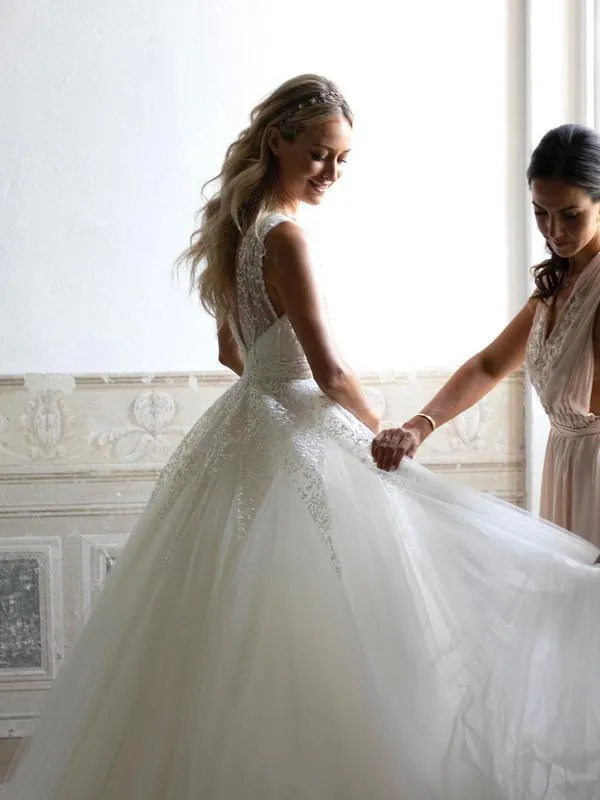 A-Line  Sequins Lace V-Neck Neckline Chapel Train Wedding Dresses TN271