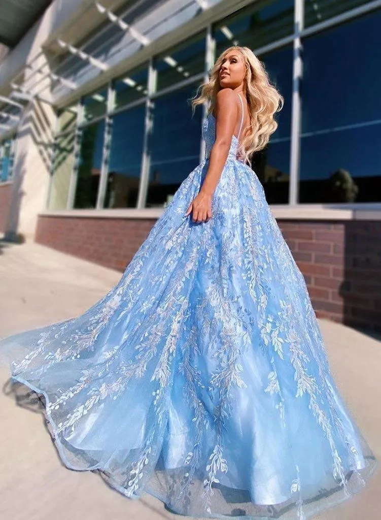 A-line Spaghetti Straps Lace Appliques Sky Blue Long Prom Dresses TP0912