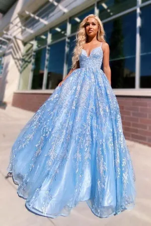 A-line Spaghetti Straps Lace Appliques Sky Blue Long Prom Dresses TP0912