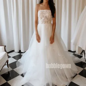 A-line Strapless Applique Organza Bridal Long Wedding Dresses, BGH012