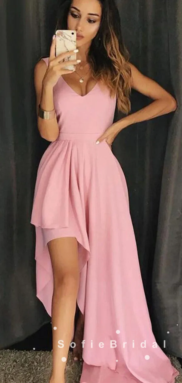 A-Line V-Neck Sleeveless Asymmetric Chiffon Long Prom Dresses,SFPD0019