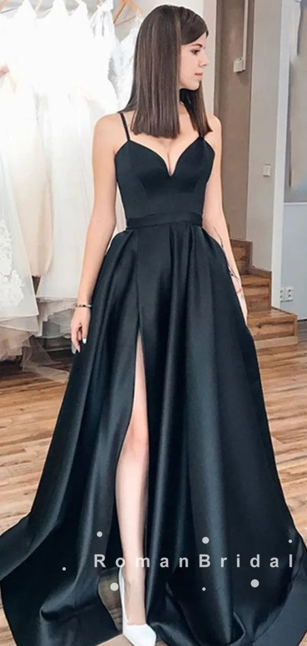 A-Line V-Neck Spaghetti Straps Black Long Prom Dresses With Slit,RBPD0047