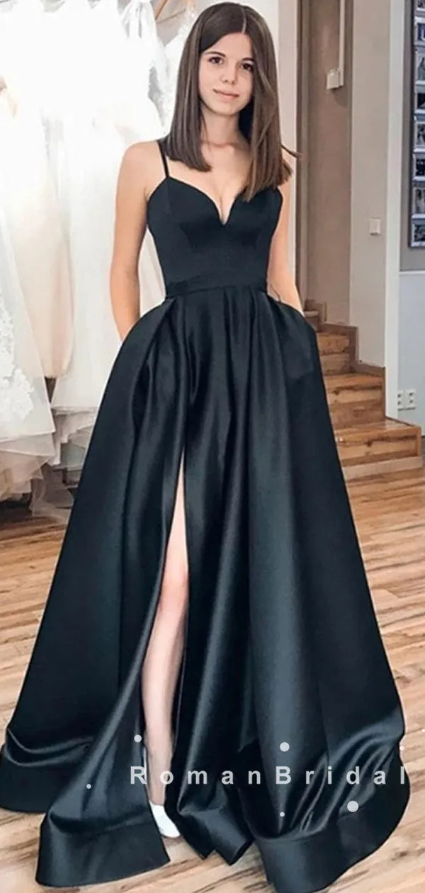 A-Line V-Neck Spaghetti Straps Black Long Prom Dresses With Slit,RBPD0047