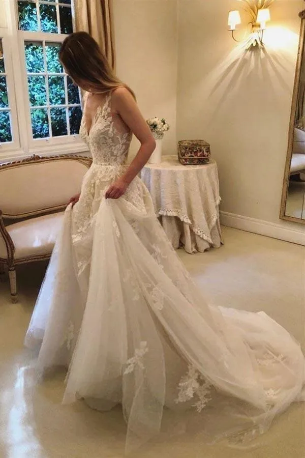 A-Line Vintage Rustic Wedding Dresses V Neck Lace Bridal Gown TN270