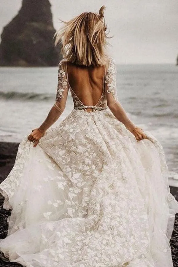 A-line Wedding Dresses With Long Sleeves Lace Bridal Gowns TN292
