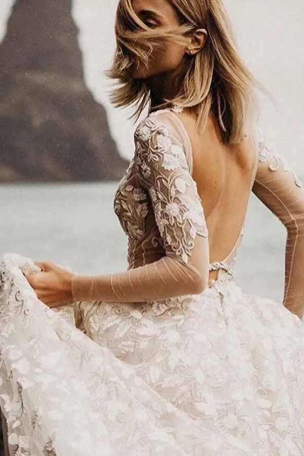 A-line Wedding Dresses With Long Sleeves Lace Bridal Gowns TN292
