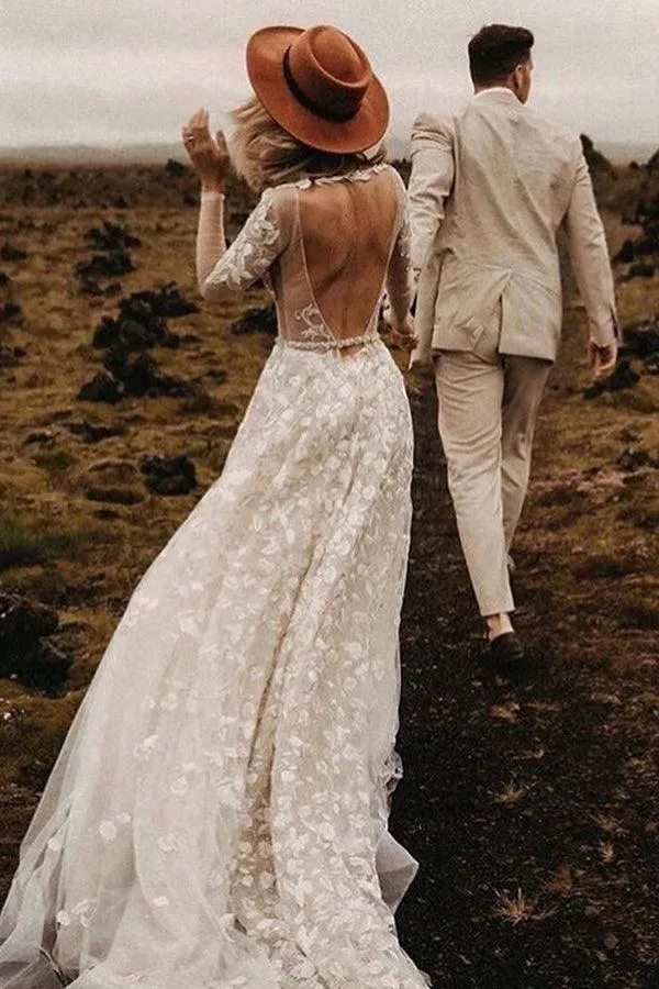 A-line Wedding Dresses With Long Sleeves Lace Bridal Gowns TN292