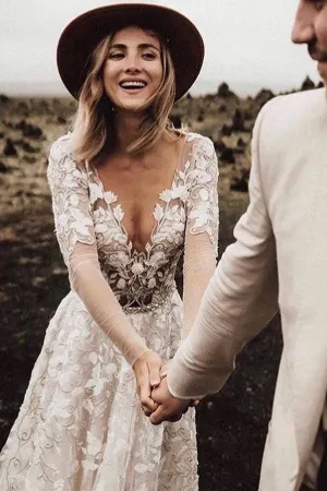 A-line Wedding Dresses With Long Sleeves Lace Bridal Gowns TN292