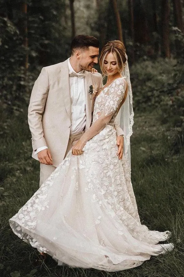 A-line Wedding Dresses With Long Sleeves Lace Bridal Gowns TN292