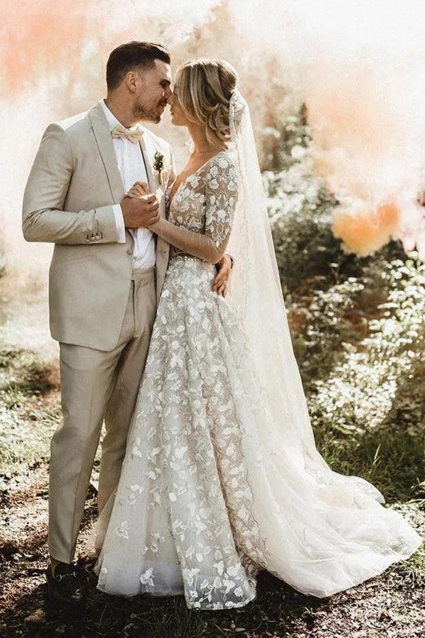 A-line Wedding Dresses With Long Sleeves Lace Bridal Gowns TN292