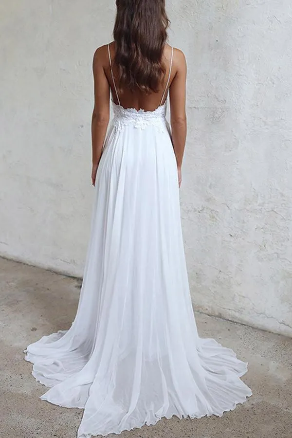 Anneprom Elegant A-Line Straps White Long Chiffon Beach Wedding Dress APW0107