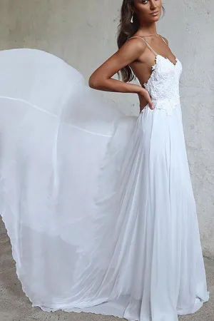 Anneprom Elegant A-Line Straps White Long Chiffon Beach Wedding Dress APW0107
