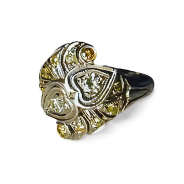 Antique Estate 14K White Gold Filigree Yellow Diamond Hearts Heart Ring Band
