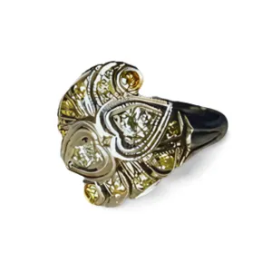 Antique Estate 14K White Gold Filigree Yellow Diamond Hearts Heart Ring Band