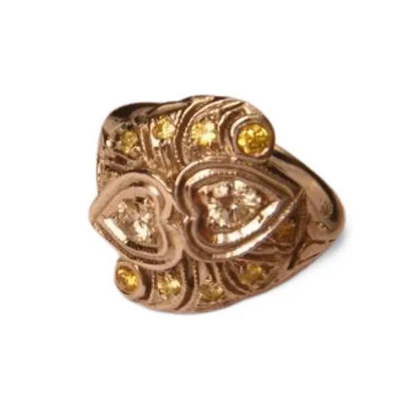 Antique Estate 14K White Gold Filigree Yellow Diamond Hearts Heart Ring Band