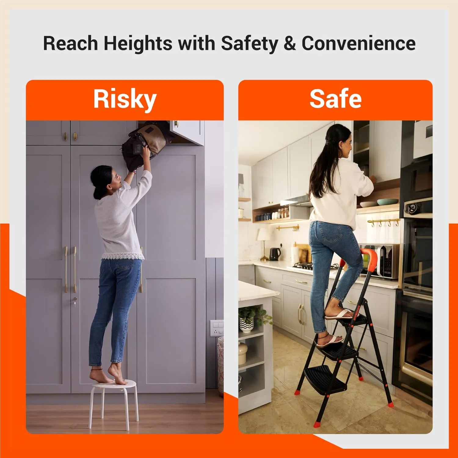 Bathla Ascend 3 Step Heavy Duty Steel Ladder for Home - Orange & Black