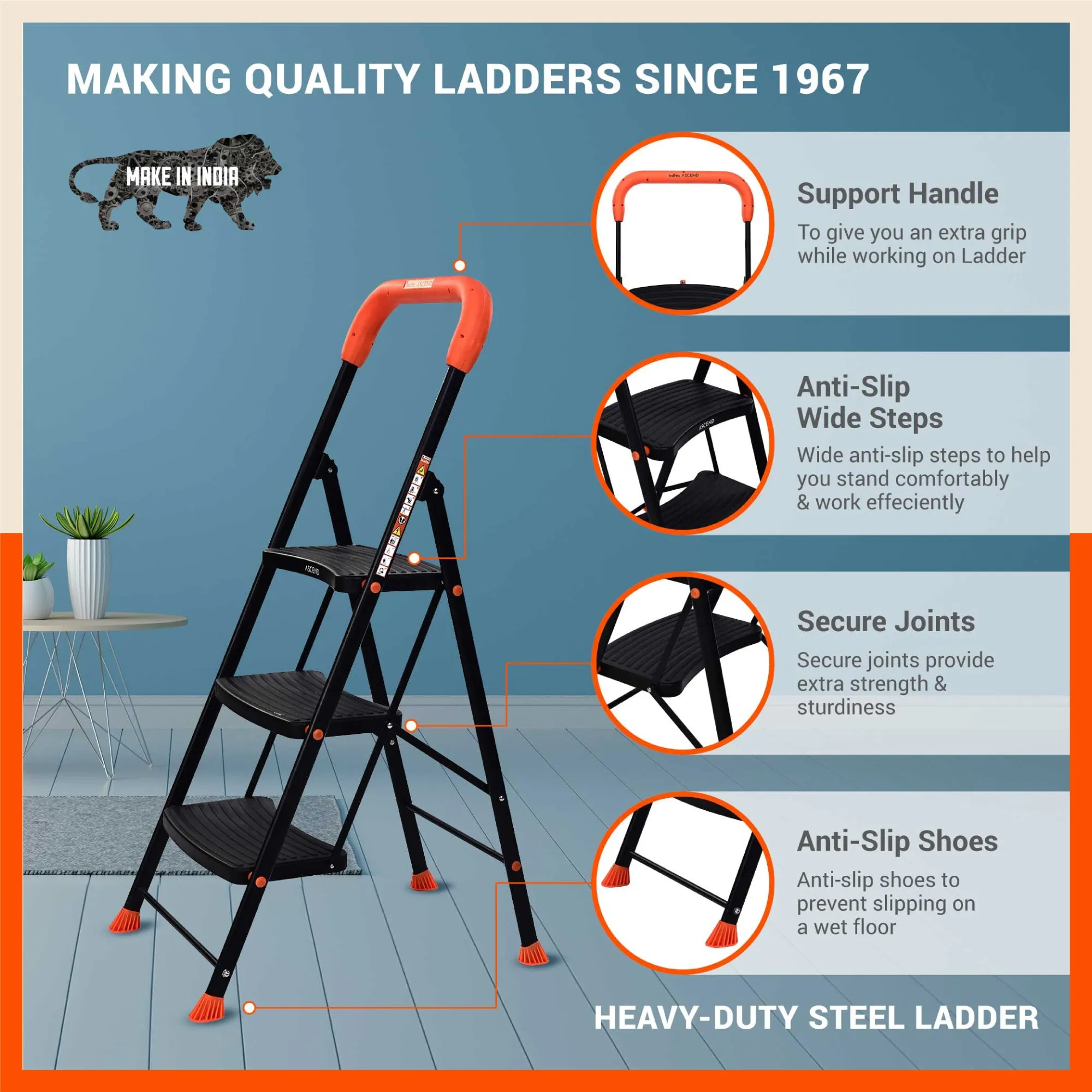 Bathla Ascend 3 Step Heavy Duty Steel Ladder for Home - Orange & Black