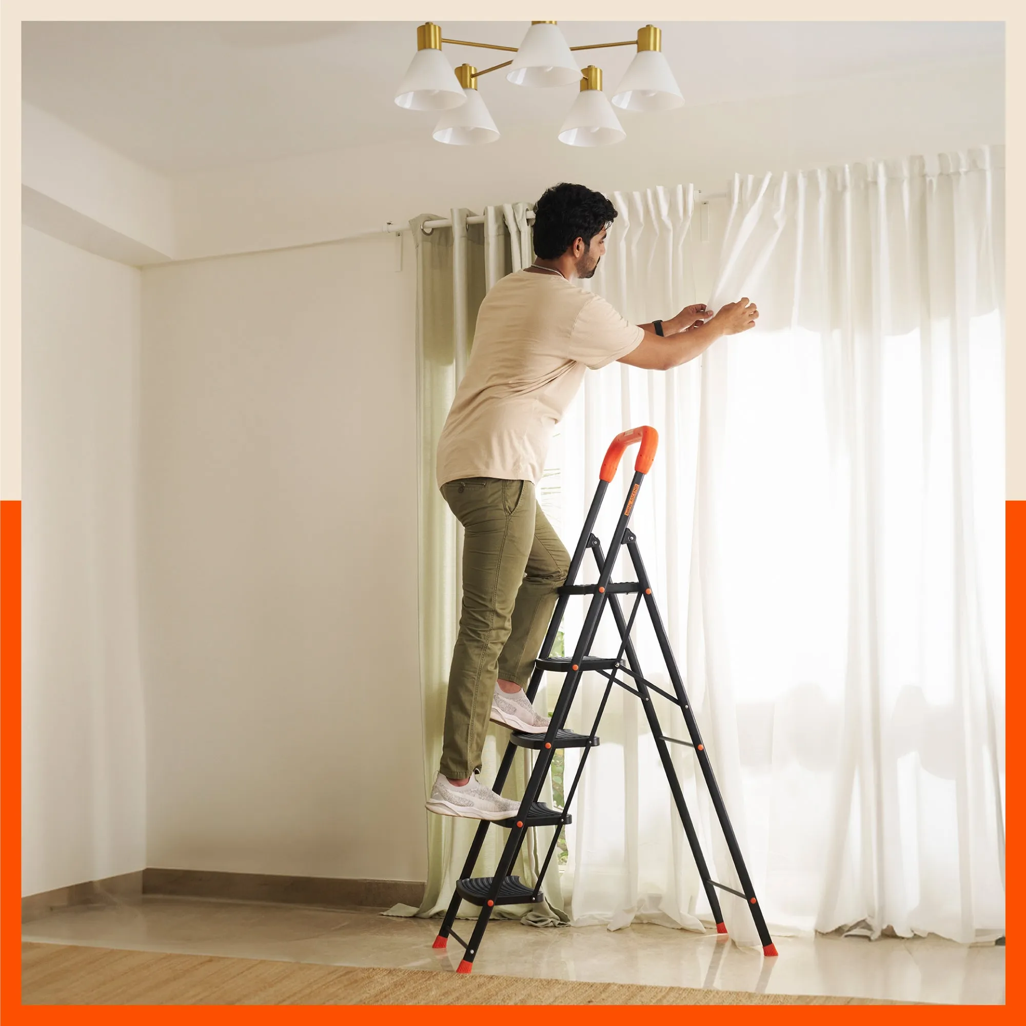 Bathla Ascend 3 Step Heavy Duty Steel Ladder for Home - Orange & Black