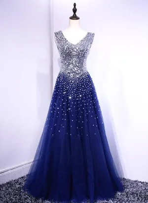 Beautiful Blue Tulle V-neckline Long Party Dress, Sequins Formal Gown
