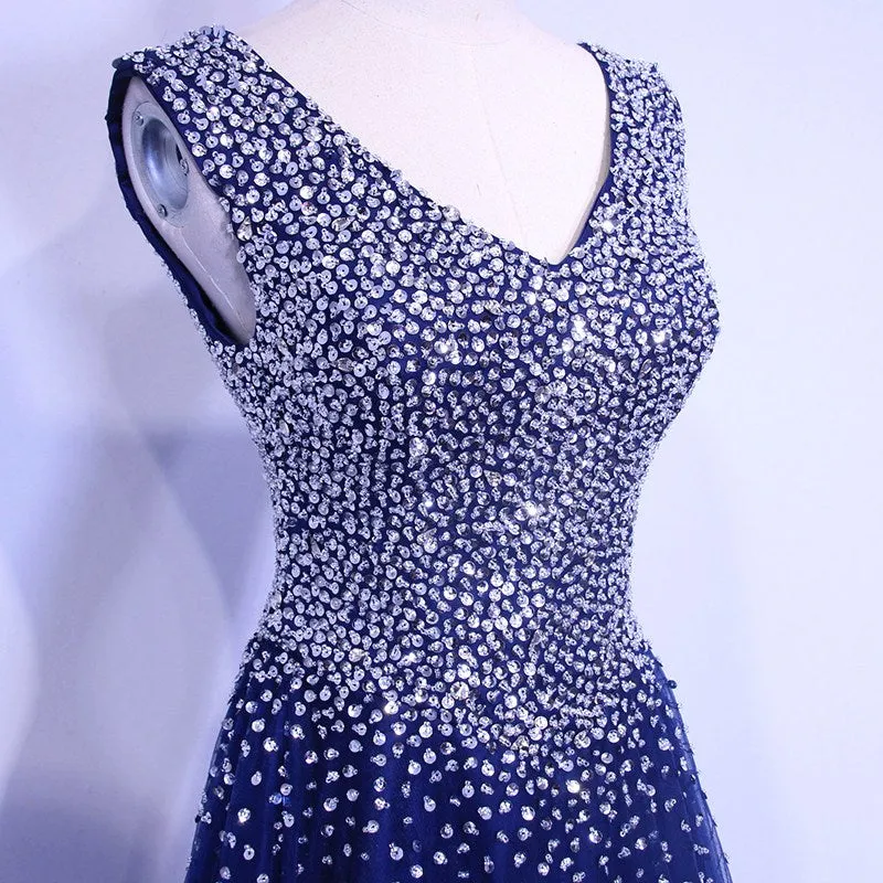 Beautiful Blue Tulle V-neckline Long Party Dress, Sequins Formal Gown
