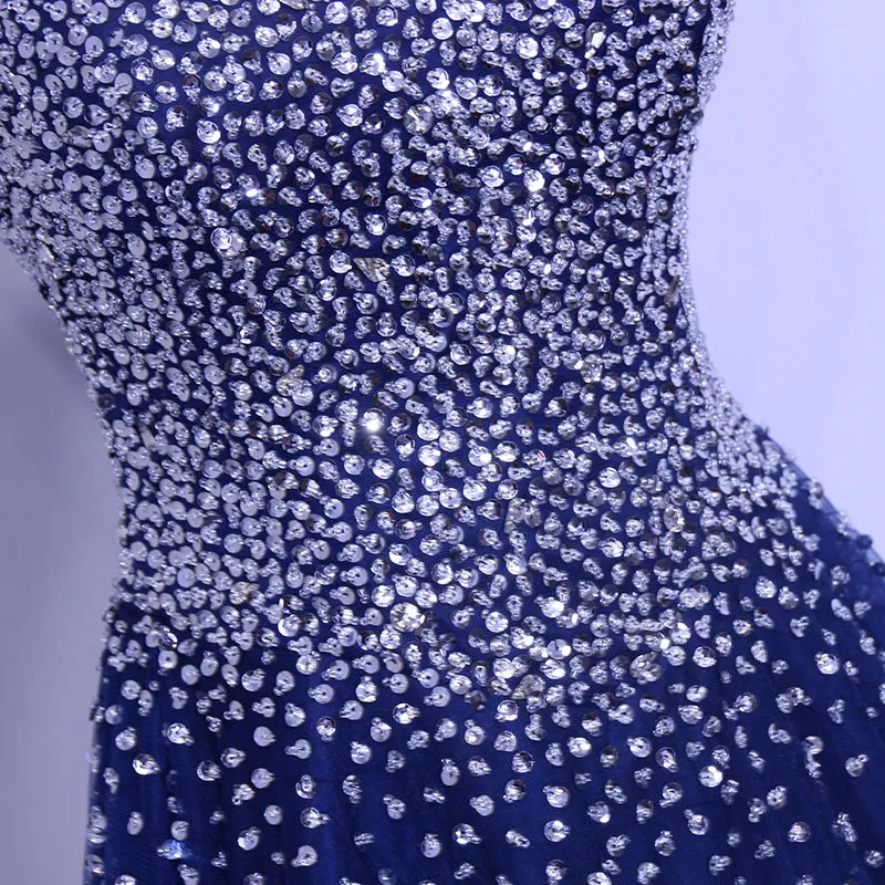 Beautiful Blue Tulle V-neckline Long Party Dress, Sequins Formal Gown