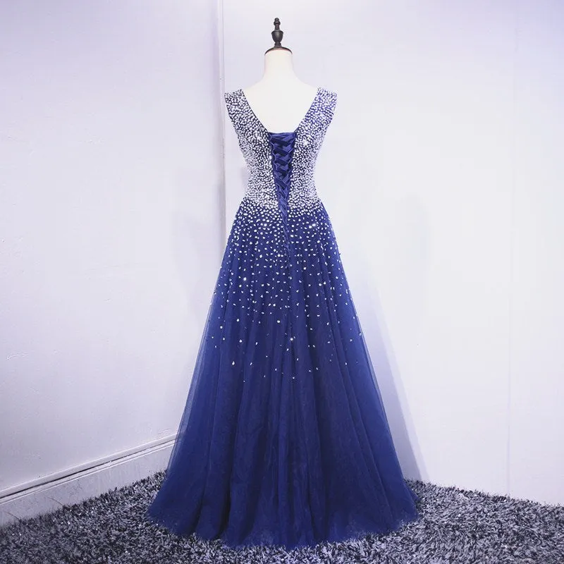Beautiful Blue Tulle V-neckline Long Party Dress, Sequins Formal Gown
