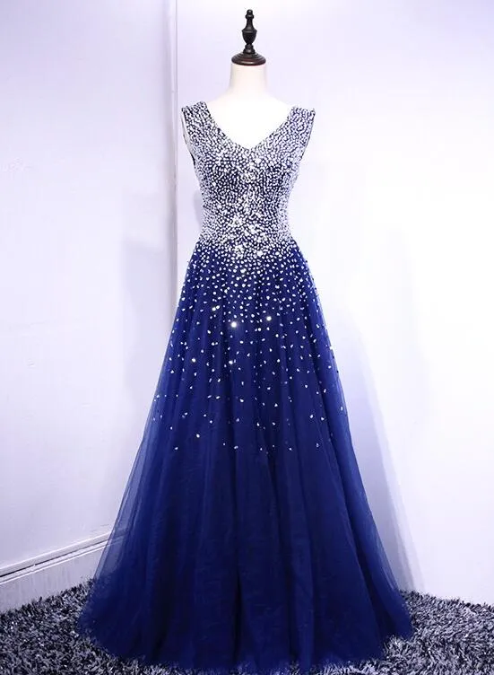 Beautiful Blue Tulle V-neckline Long Party Dress, Sequins Formal Gown