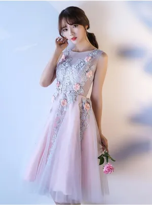 Beautiful Floral Lace Tulle Party Dress, Knee Length Prom Dress