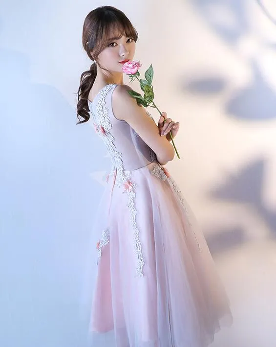 Beautiful Floral Lace Tulle Party Dress, Knee Length Prom Dress