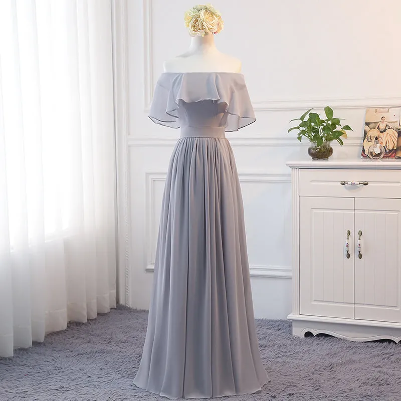 Beautiful Light Grey Chiffon Off Shoulder Party Dress, Long Grey Bridesmaid Dress