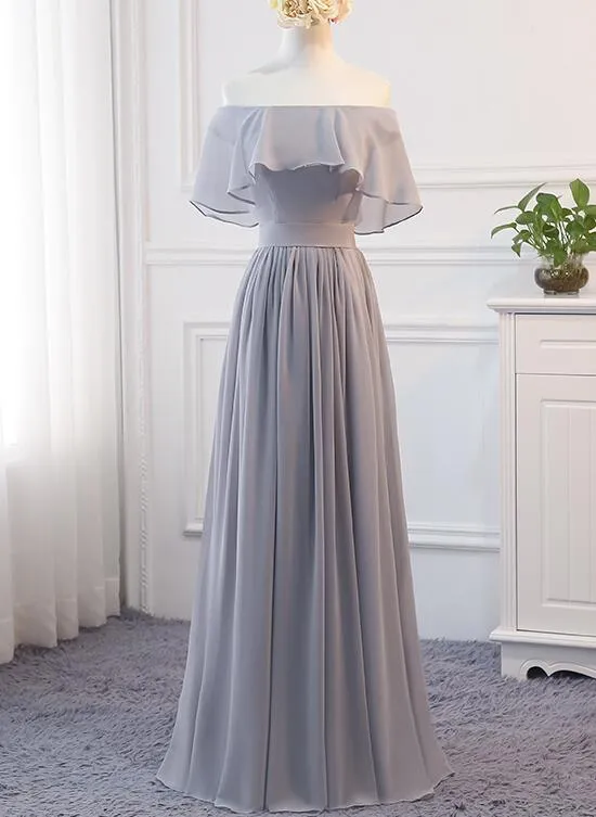 Beautiful Light Grey Chiffon Off Shoulder Party Dress, Long Grey Bridesmaid Dress