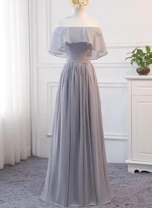 Beautiful Light Grey Chiffon Off Shoulder Party Dress, Long Grey Bridesmaid Dress